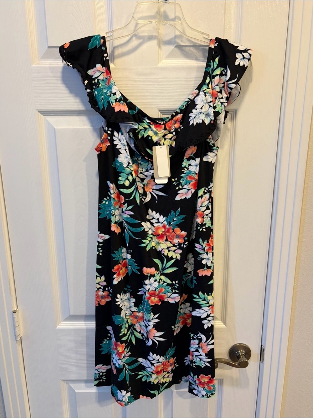 Tommy Bahama Black Floral Ruffle-Sleeve Sundress Spa Dress NWT